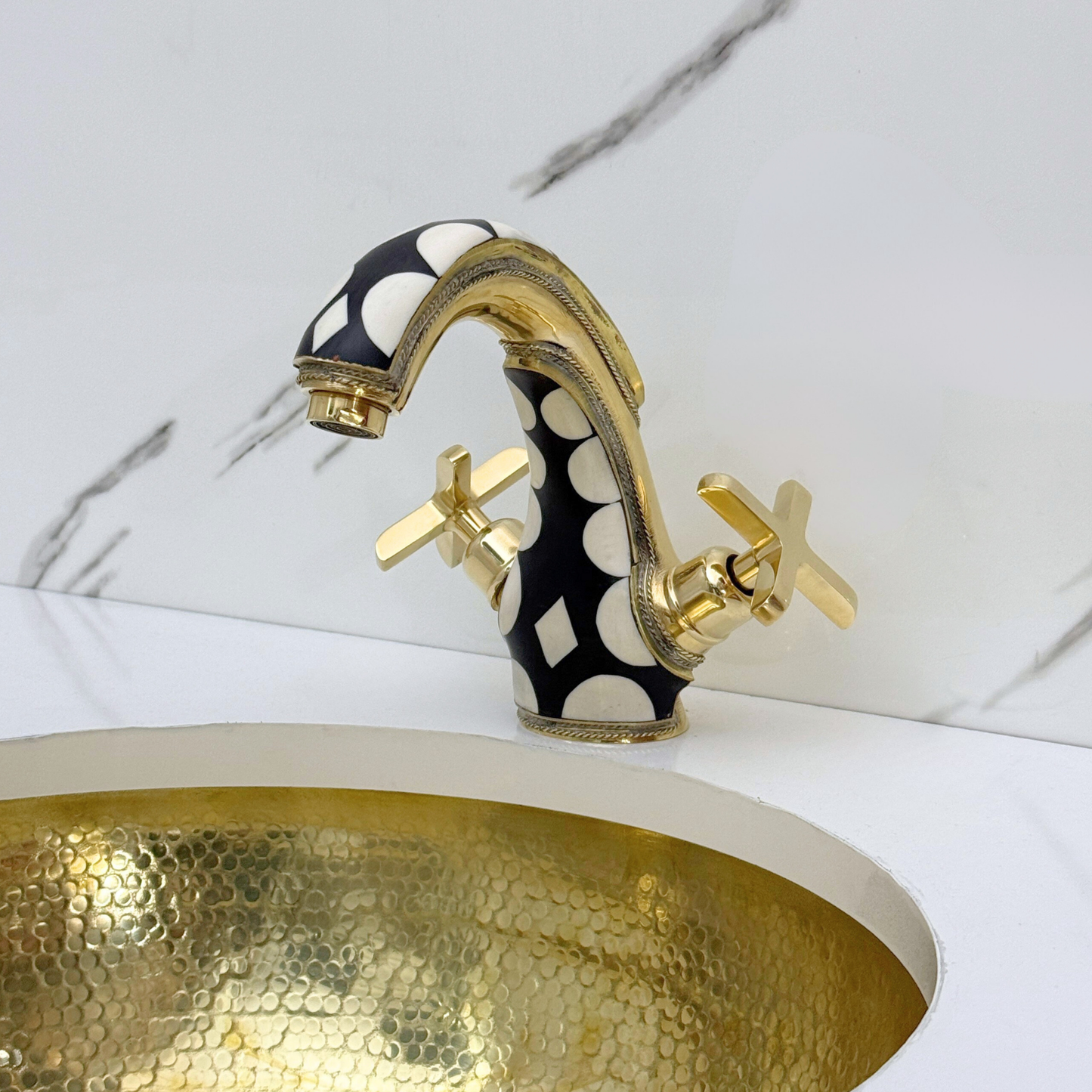 Unlacquered Brass and Resin Single Hole Bathroom Faucet with Cross Handles