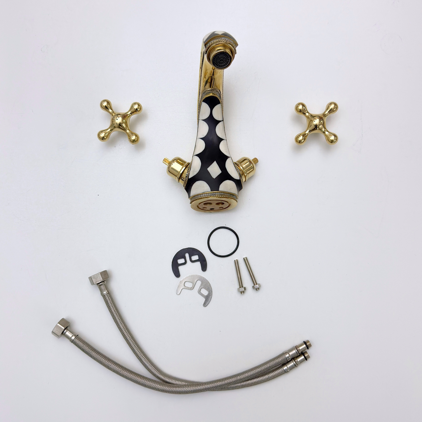 Unlacquered Brass and Resin Single Hole Bathroom Faucet with Cross Handles