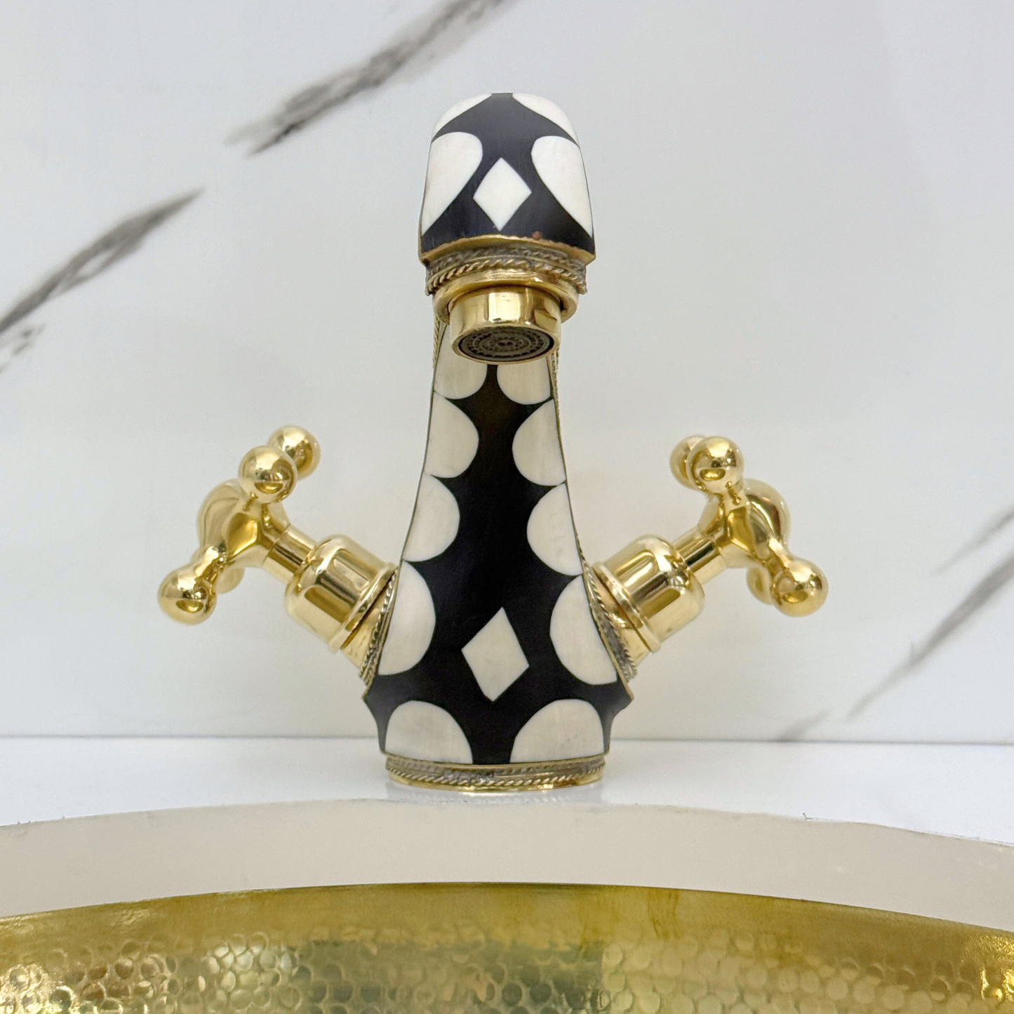 Unlacquered Brass and Resin Single Hole Bathroom Faucet with Cross Handles