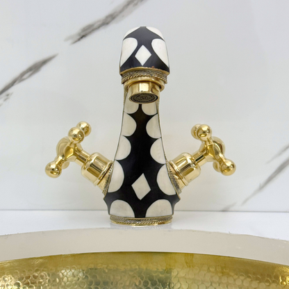 Unlacquered Brass and Resin Single Hole Bathroom Faucet with Cross Handles