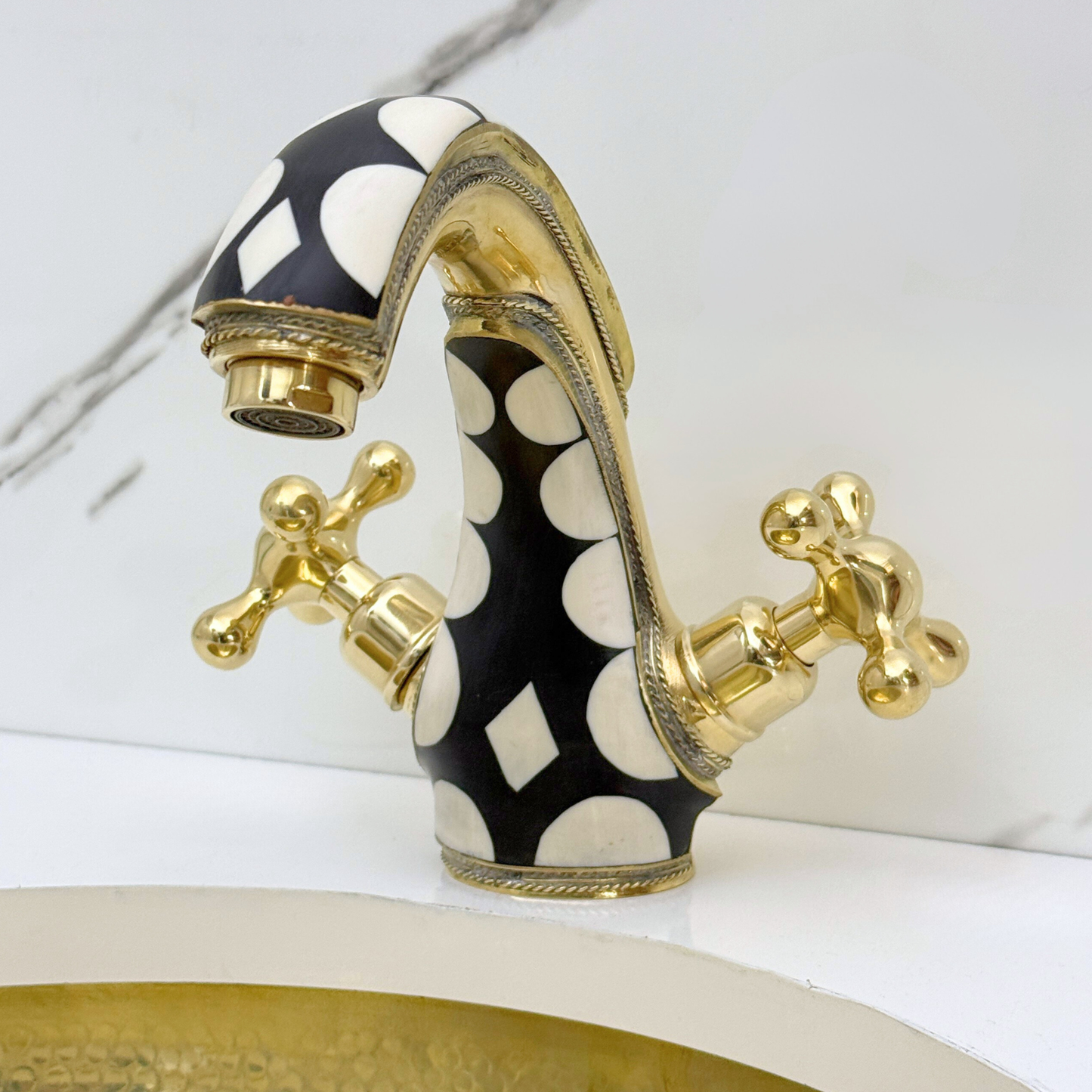 Unlacquered Brass and Resin Single Hole Bathroom Faucet with Cross Handles