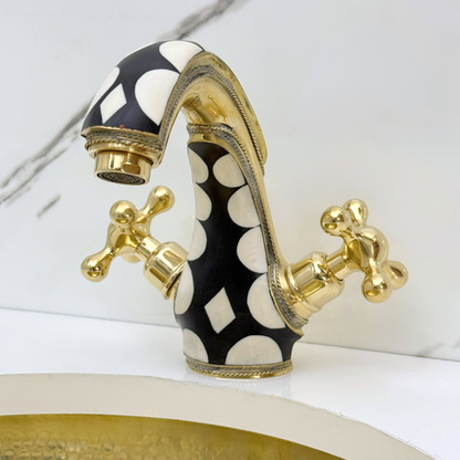 Unlacquered Brass and Resin Single Hole Bathroom Faucet with Cross Handles