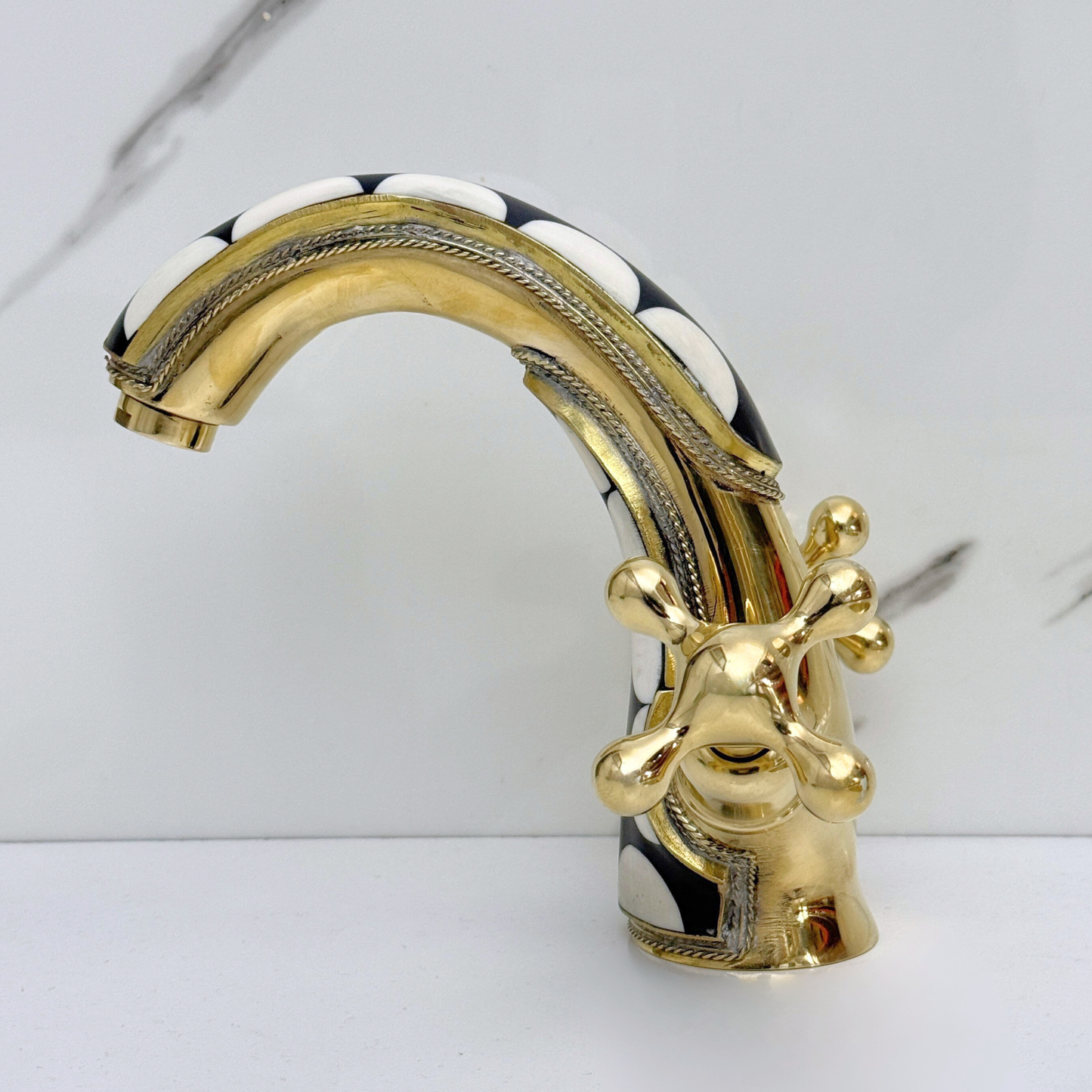 Unlacquered Brass and Resin Single Hole Bathroom Faucet with Cross Handles