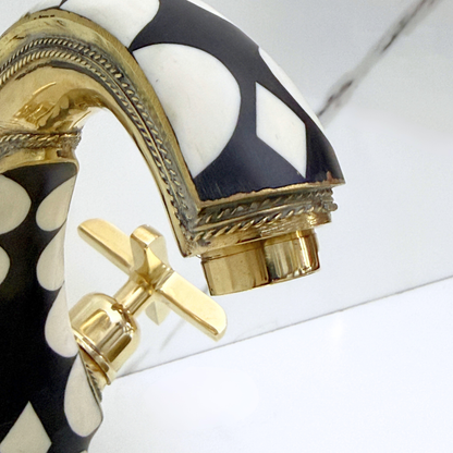Unlacquered Brass and Resin Single Hole Bathroom Faucet with Cross Handles