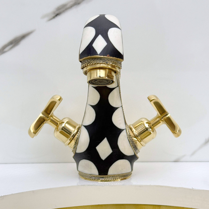 Unlacquered Brass and Resin Single Hole Bathroom Faucet with Cross Handles
