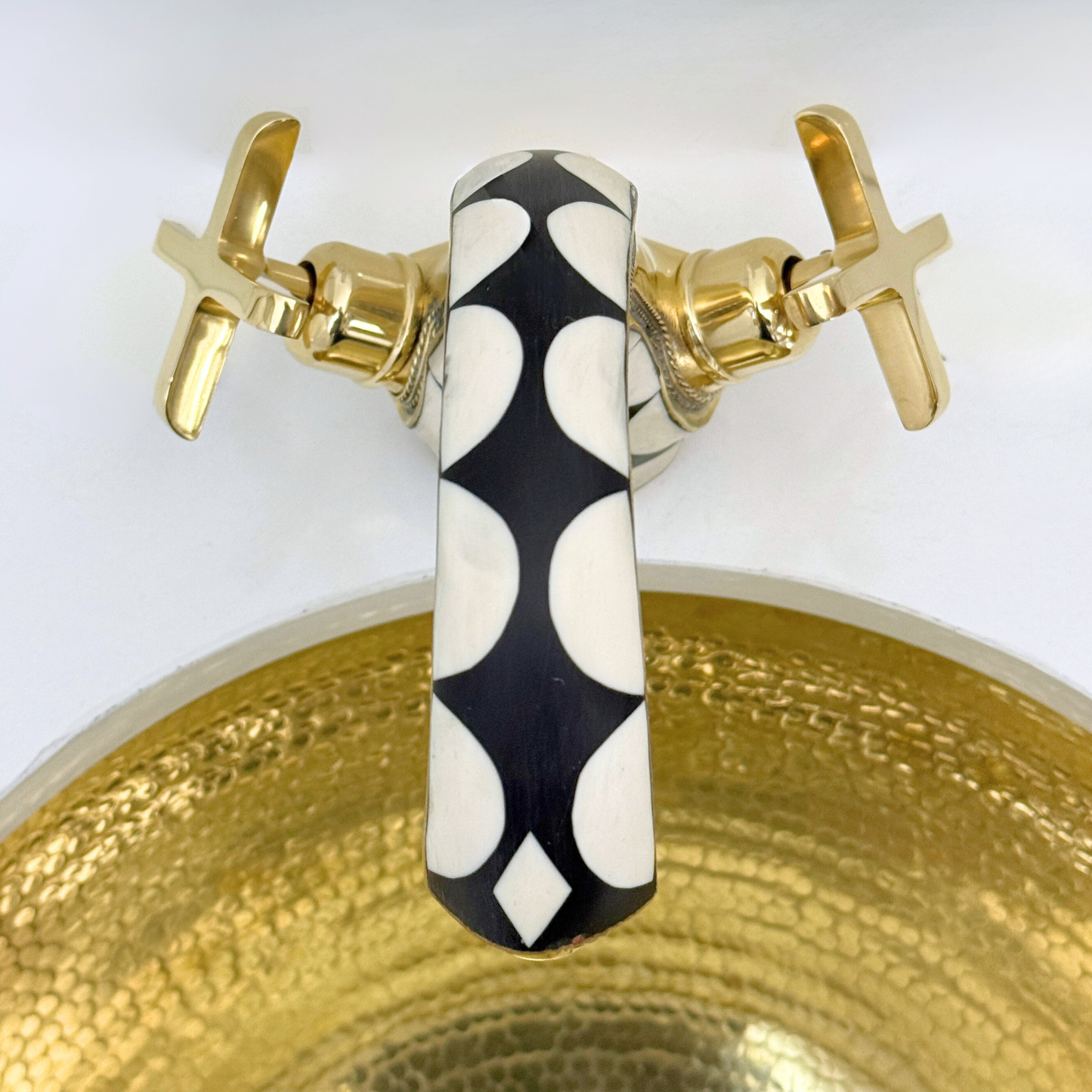 Unlacquered Brass and Resin Single Hole Bathroom Faucet with Cross Handles