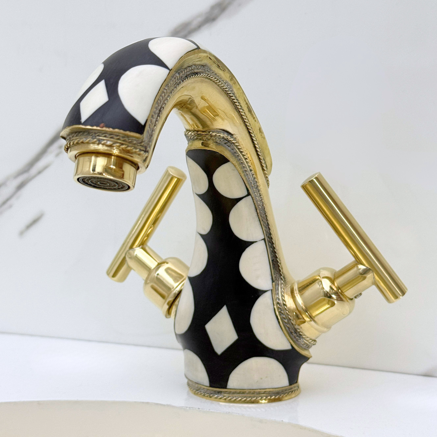 Unlacquered Brass and Resin Single Hole Bathroom Faucet with Lever Handles