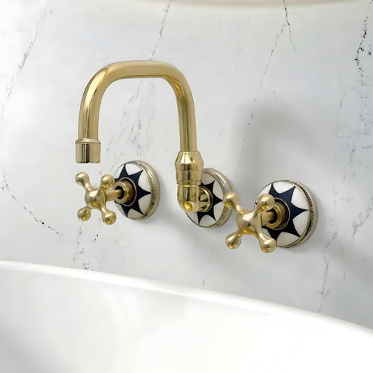 Unlacquered Brass and Resin Wall-Mount Bathroom Faucet with Cross Handles