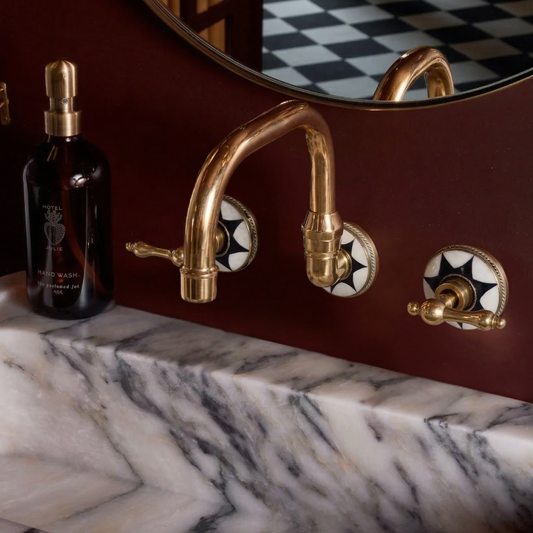 Unlacquered Brass and Resin Wall-Mount Bathroom Faucet with Lever Handles