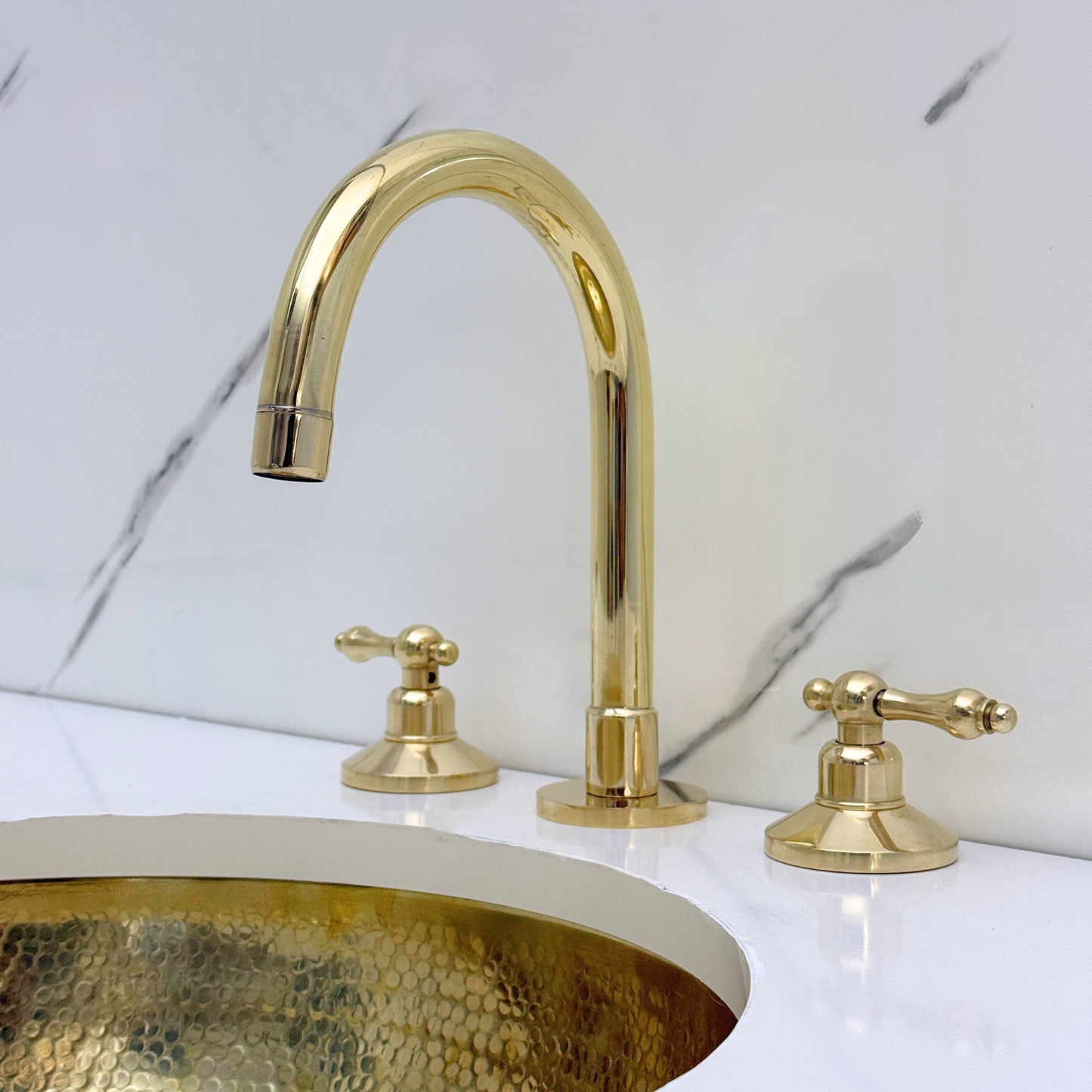 Unlacquered Brass Widespread Bathroom Gooseneck Sink Faucet With Lever Handles