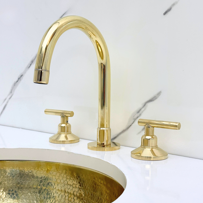Unlacquered Brass Widespread Bathroom Gooseneck Sink Faucet With Lever Handles
