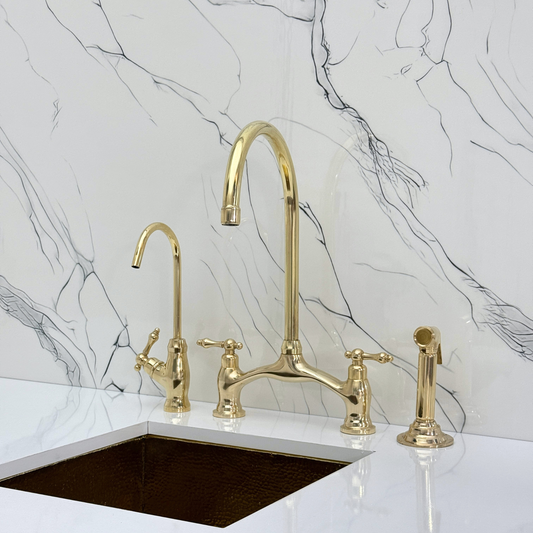 Unlacquered Brass Bridge Antique Faucet with Sprayer, Drinking Water Tap and Lever Handles