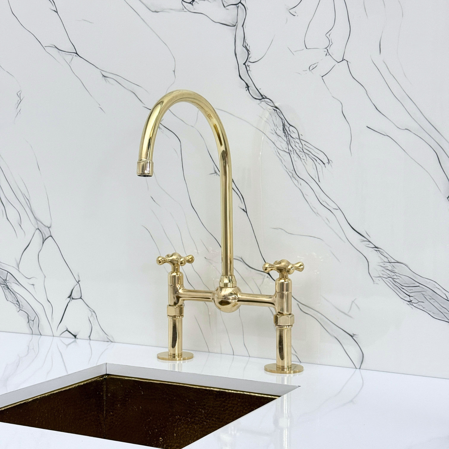 Unlacquered Brass Bridge Faucet with Sprayer, Cold Water Faucet, Straight Legs and Cross Handles