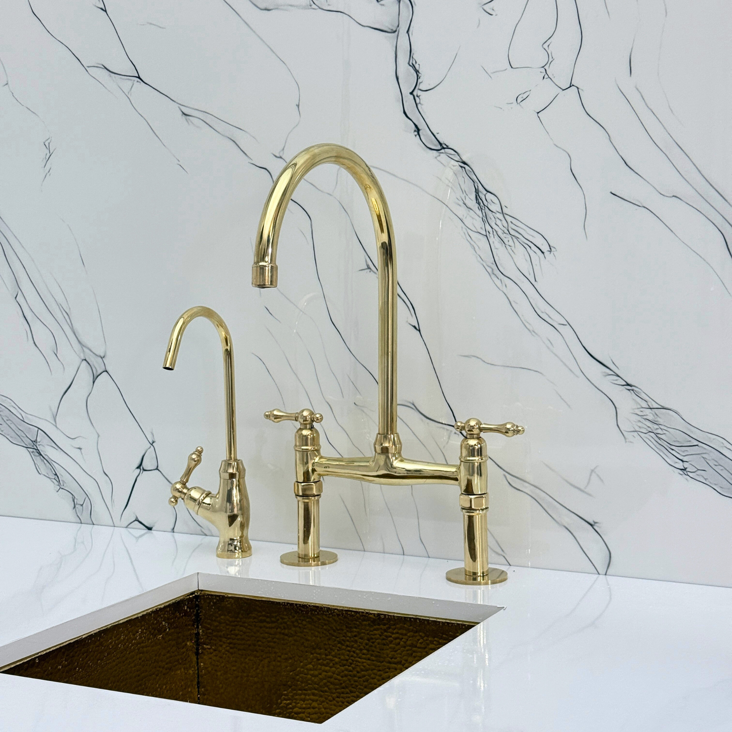 Unlacquered Brass Bridge Faucet with Sprayer, Drinking Water Tap and Lever Handles