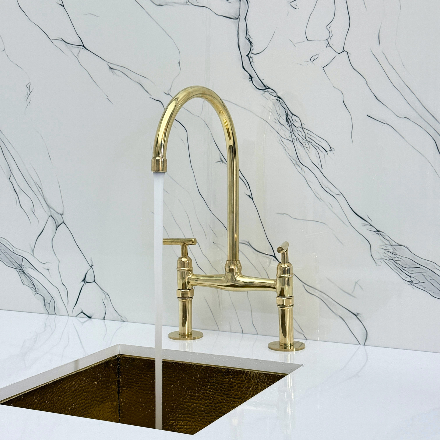 Unlacquered Brass Bridge Faucet with Sprayer, Drinking Water Tap and Lever Handles