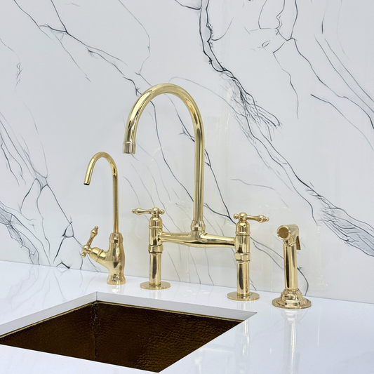 Unlacquered Brass Bridge Kitchen Faucet with Sprayer, Drinking Water Tap and Lever Handles