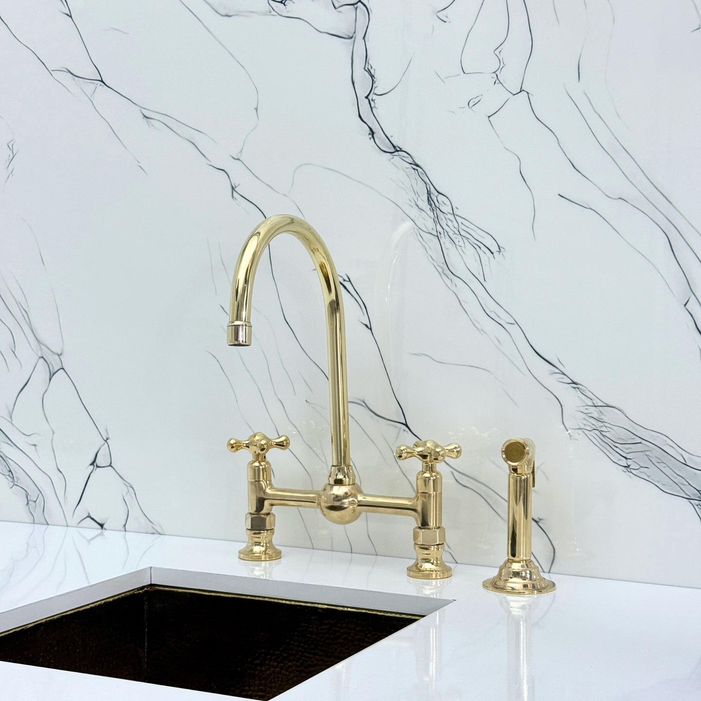 Unlacquered Brass Bridge Kitchen Faucet With Ball Center, Sprayer, Cold Water Faucet and Cross Handles