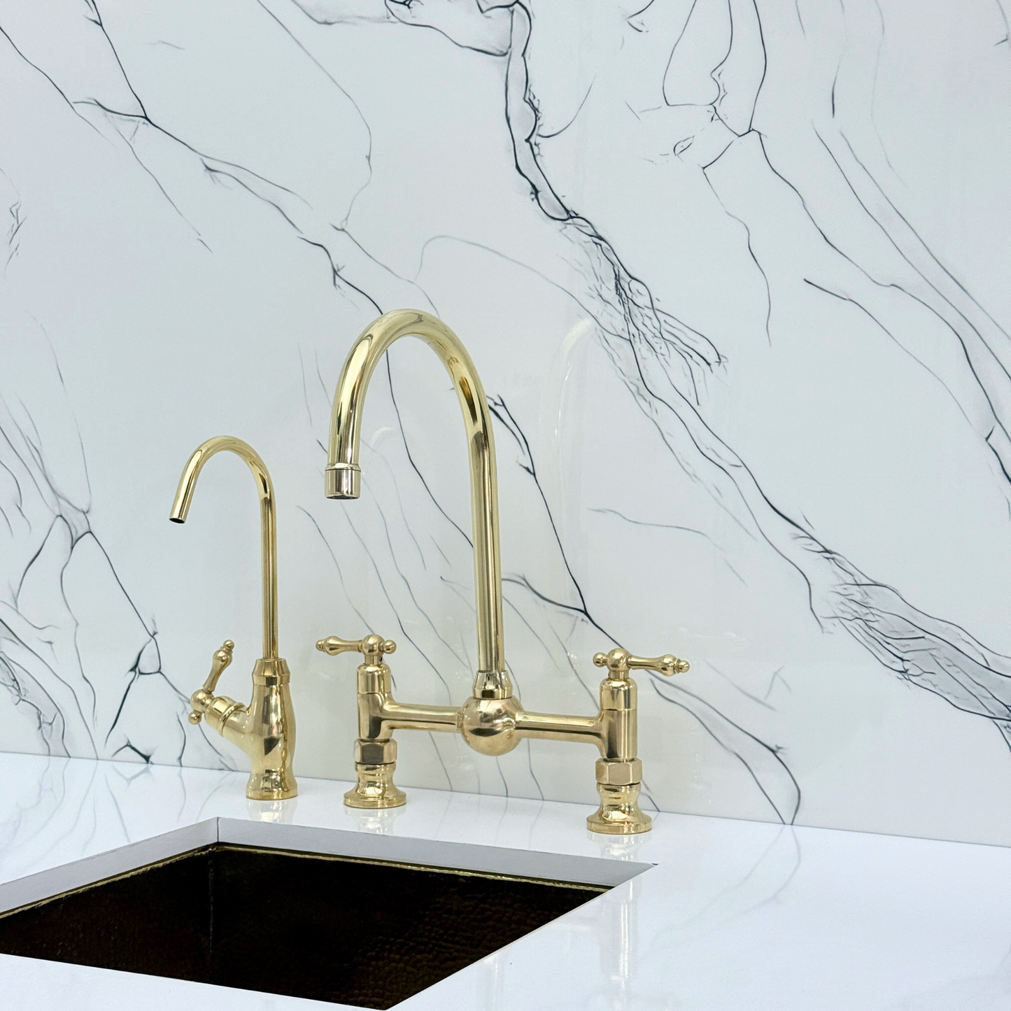 Unlacquered Brass Bridge Kitchen Faucet With Ball Center, Sprayer, Cold Water Faucet and Lever Handles