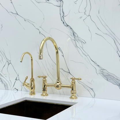 Unlacquered Brass Bridge Kitchen Faucet With Ball Center, Sprayer, Cold Water Faucet and Lever Handles