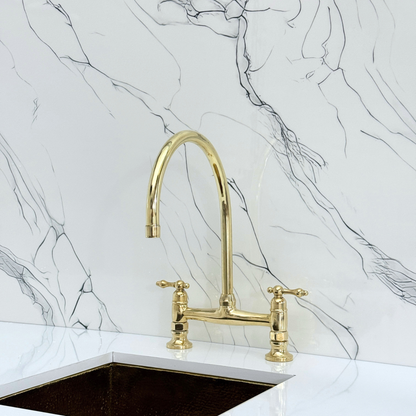 Unlacquered Brass Bridge Kitchen Faucet with Cold Water Faucet, Sprayer, and Lever Handles
