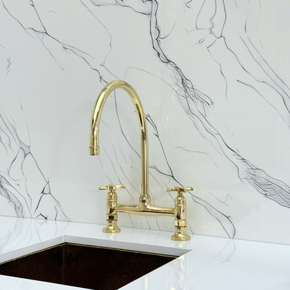 Unlacquered Brass Bridge Kitchen Faucet with Cold Water Faucet, Sprayer, and Cross Handles