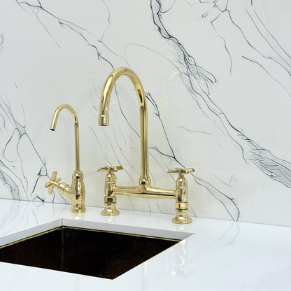 Unlacquered Brass Bridge Kitchen Faucet with Sprayer, Cold Water Faucet and Cross Handles