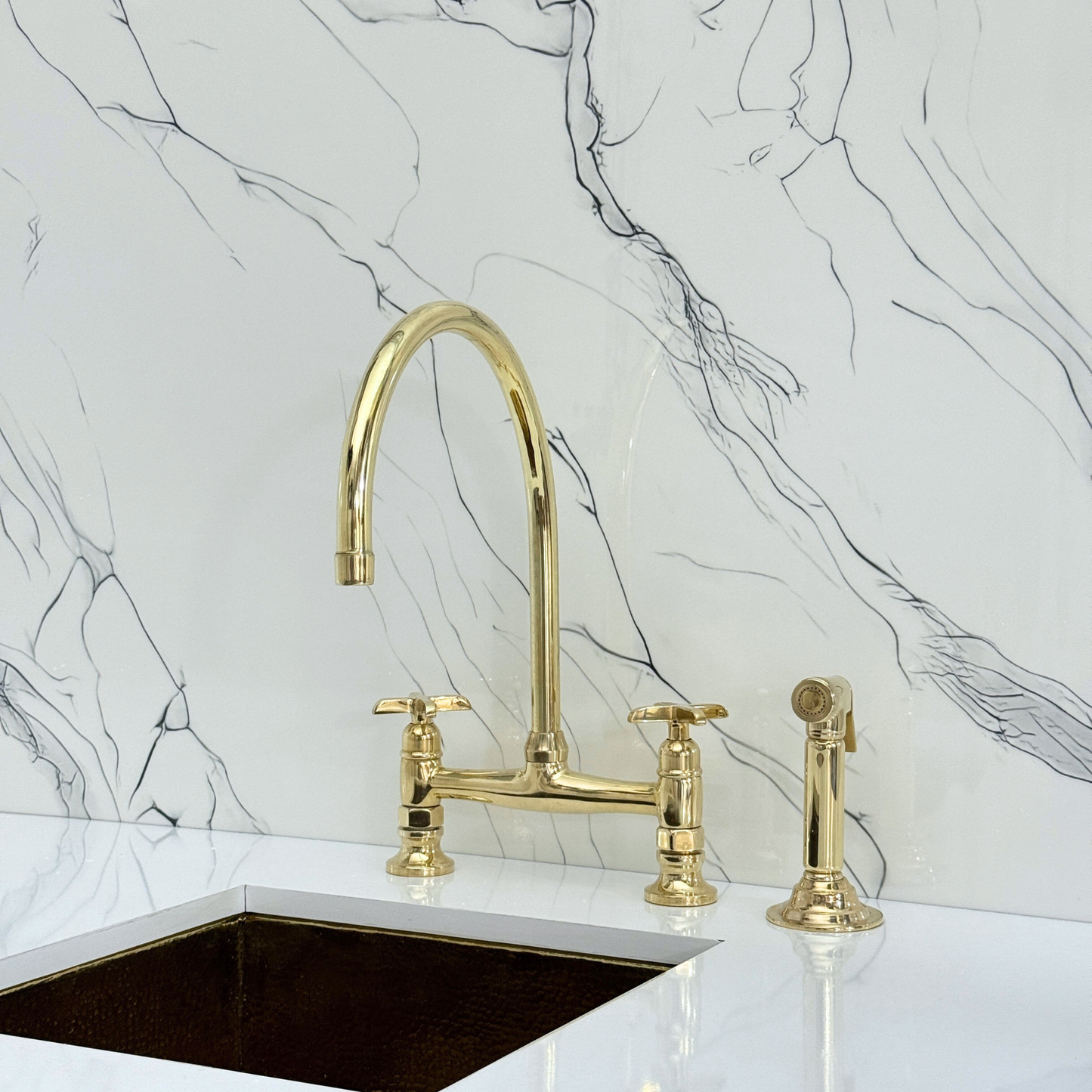 Unlacquered Brass Bridge Kitchen Faucet with Cold Water Faucet, Sprayer, and Cross Handles