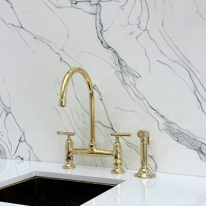 Unlacquered Brass Bridge Kitchen Faucet with Sprayer, Cold Water Faucet and Lever Handles