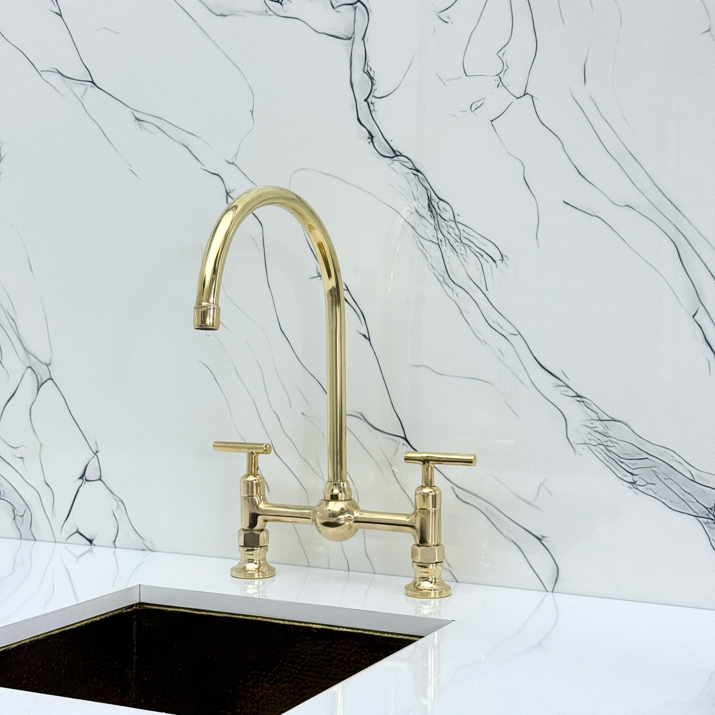 Unlacquered Brass Bridge Vintage Kitchen Faucet with Ball Center, Sprayer, Cold Water Faucet and Lever Handles