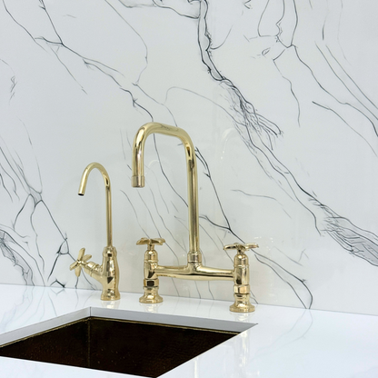 Unlacquered Brass Classic Bridge Faucet with Cold Water Faucet, Sprayer, and Cross Handles
