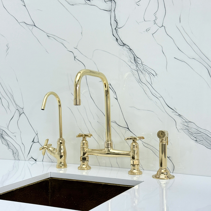 Unlacquered Brass Classic Bridge Faucet with Cold Water Faucet, Sprayer, and Cross Handles