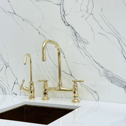 Unlacquered Brass Classic Bridge Faucet with Cold Water Faucet, Sprayer, and Lever Handles