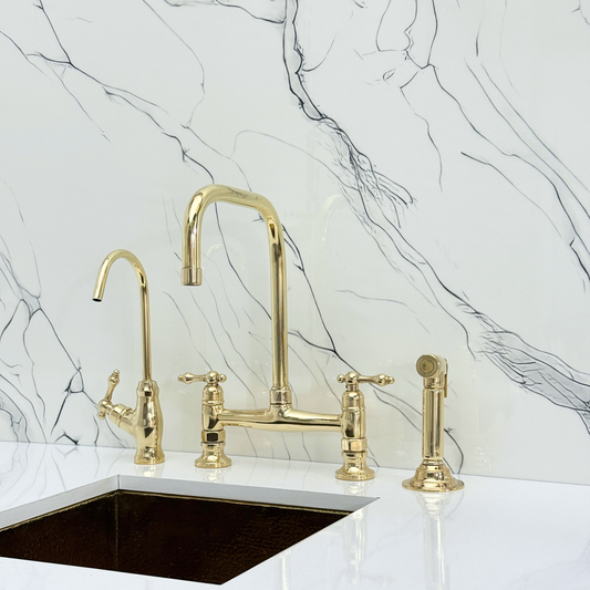 Unlacquered Brass Classic Bridge Faucet with Cold Water Faucet, Sprayer, and Lever Handles