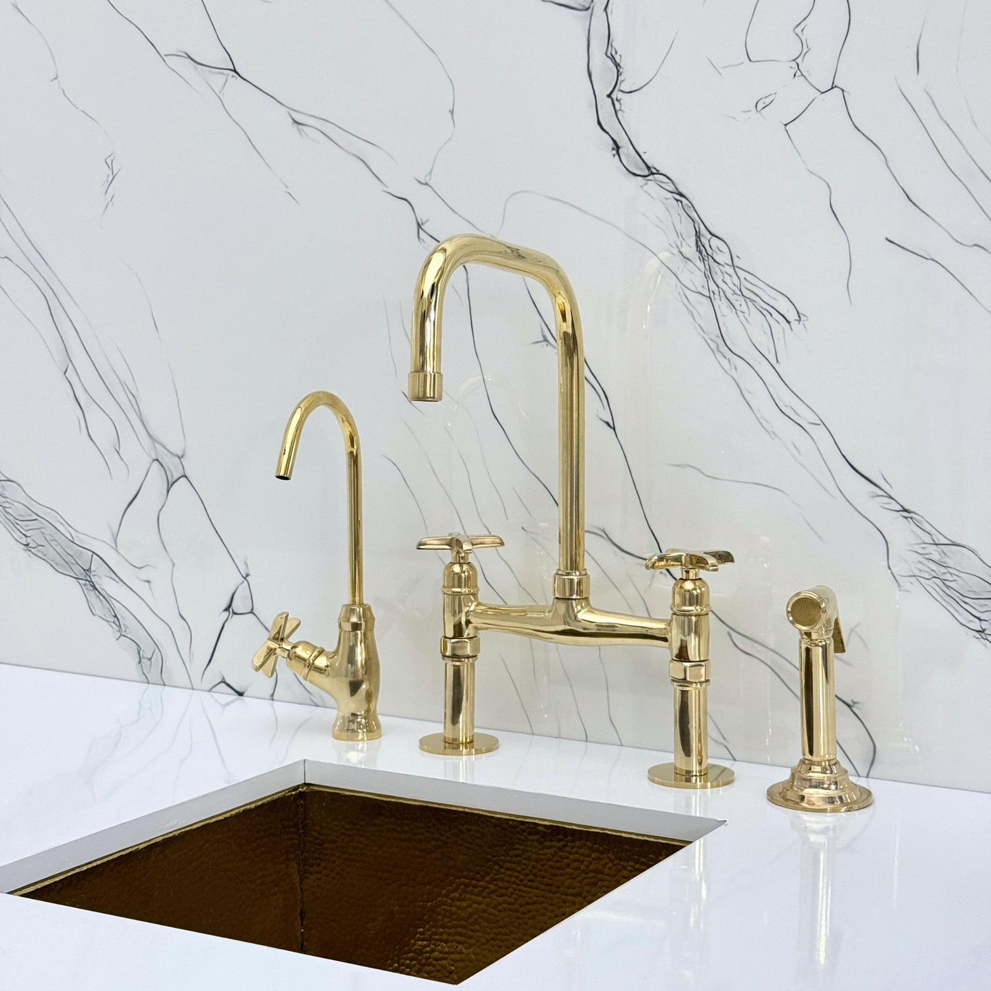 Unlacquered Brass Classic Bridge Faucet with Sprayer, Cold Water Faucet and Cross Handles