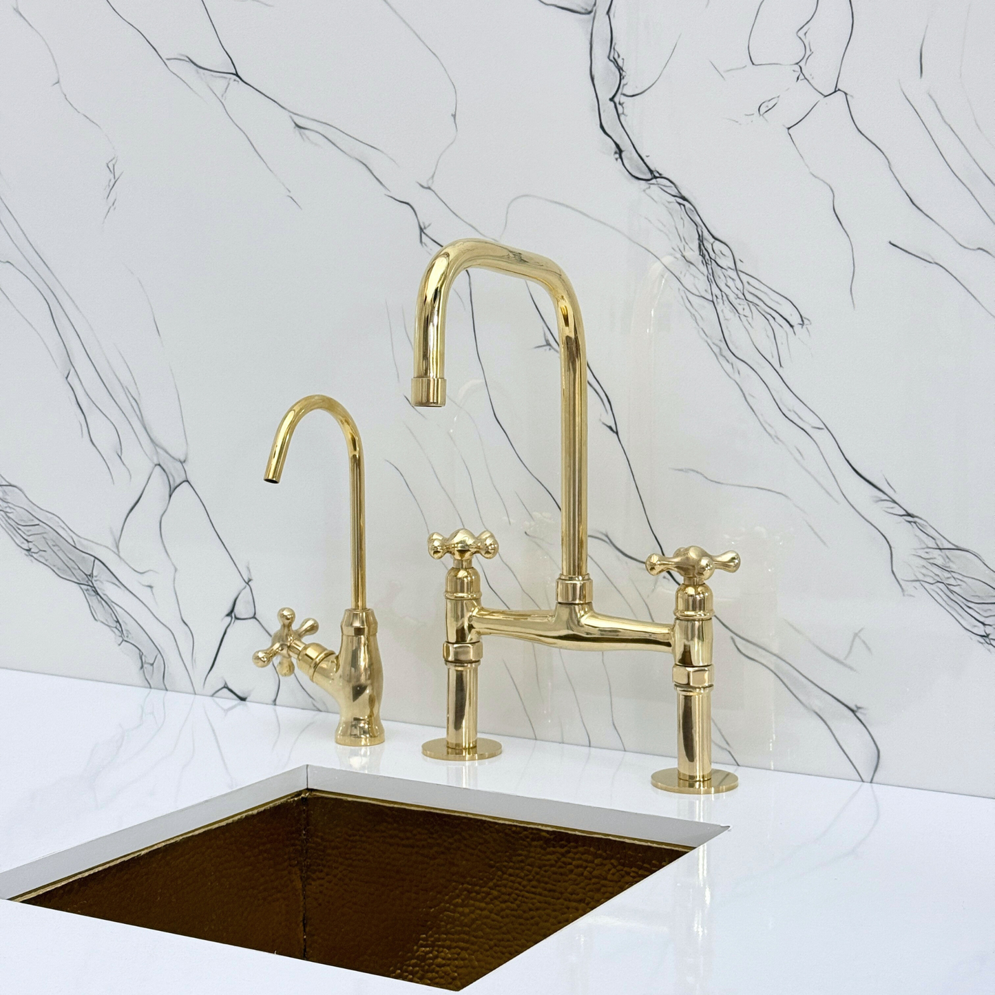 Unlacquered Brass Classic Bridge Faucet with Sprayer, Cold Water Faucet and Cross Handles