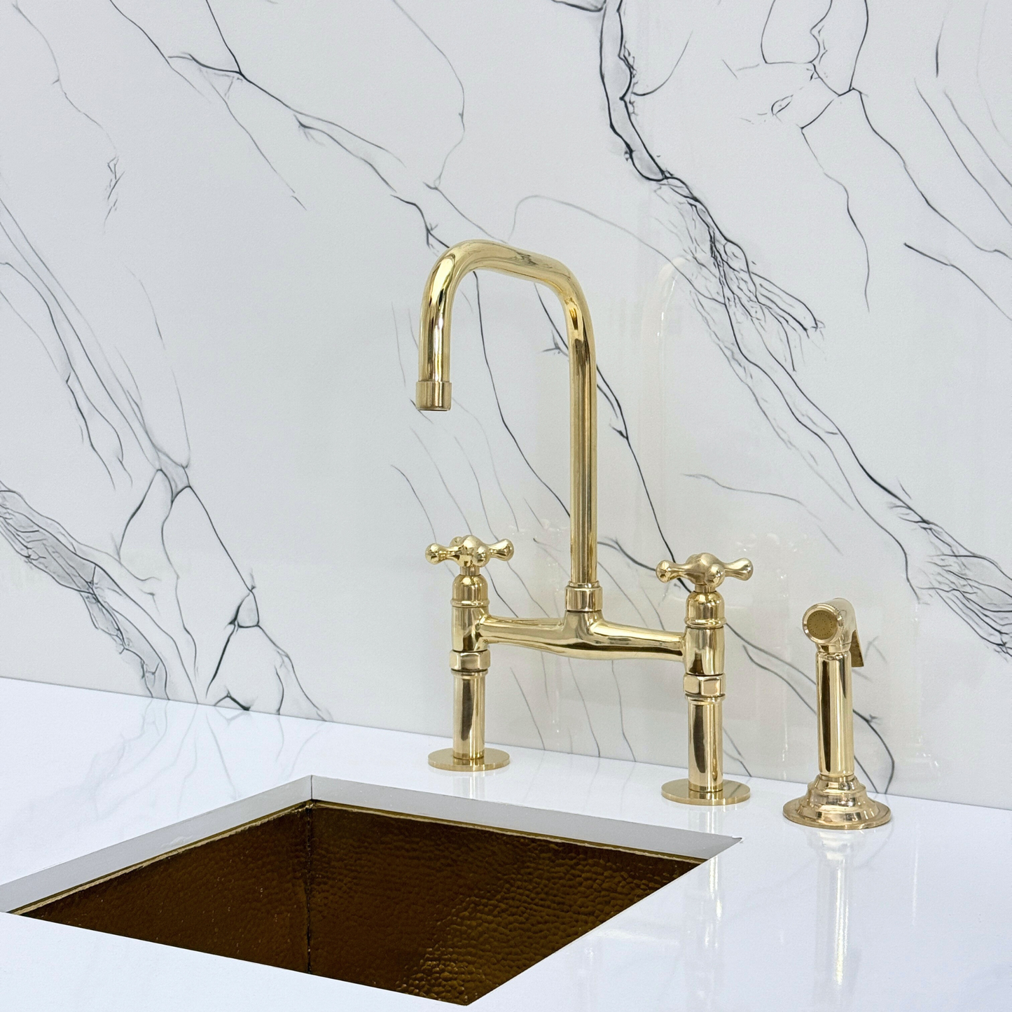 Unlacquered Brass Classic Bridge Faucet with Sprayer, Cold Water Faucet and Cross Handles