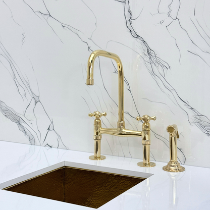 Unlacquered Brass Classic Bridge Faucet with Sprayer, Cold Water Faucet and Cross Handles
