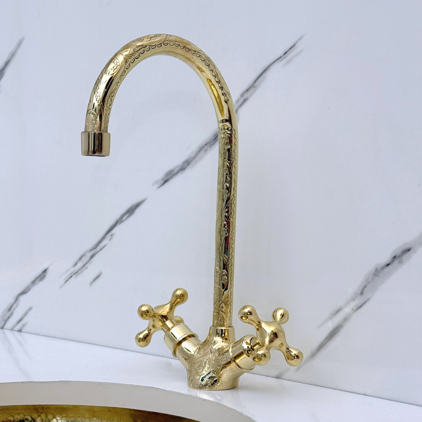 Unlacquered Brass Engraved Gooseneck Single Hole Faucet with Cross Handles