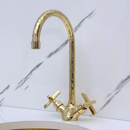 Unlacquered Brass Engraved Gooseneck Single Hole Faucet with Cross Handles