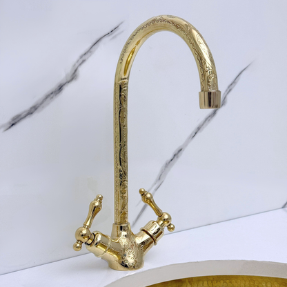 Unlacquered Brass Engraved Gooseneck Single Hole Faucet with Lever Handles