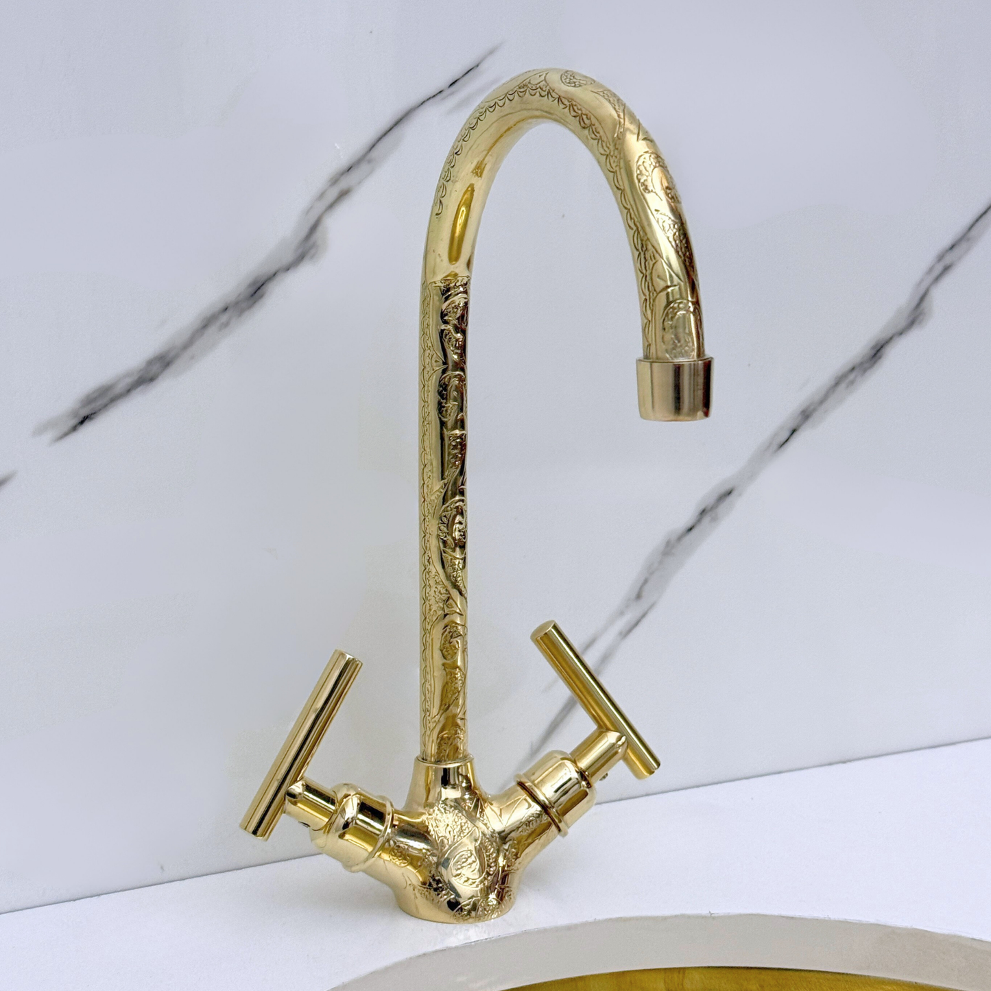 Unlacquered Brass Engraved Gooseneck Single Hole Faucet with Lever Handles