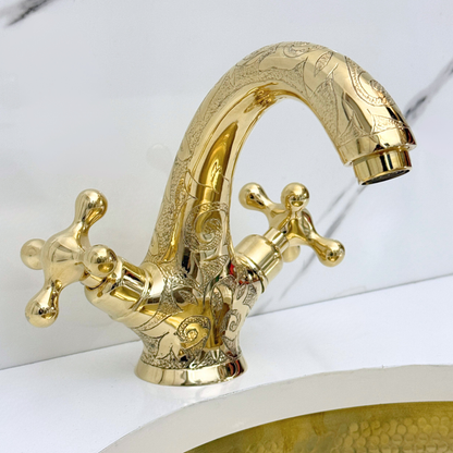 Unlacquered Brass Engraved Single Hole Bathroom Faucet with Cross Handles