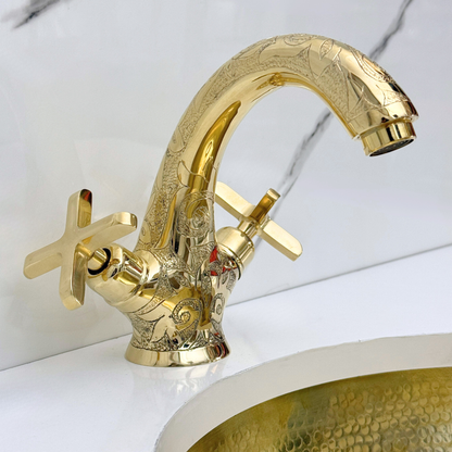 Unlacquered Brass Engraved Single Hole Bathroom Faucet with Cross Handles