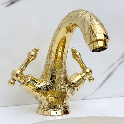Unlacquered Brass Engraved Single Hole Bathroom Faucet with Lever Handles