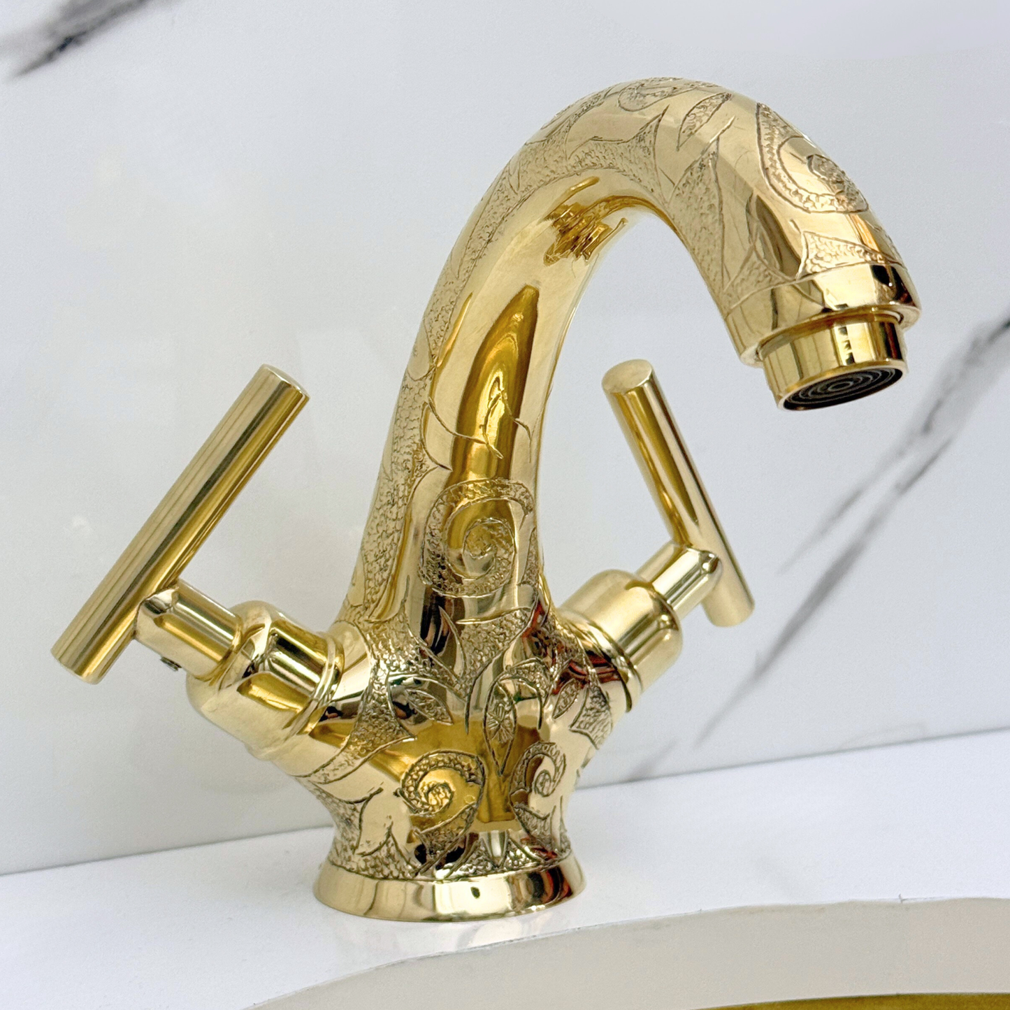 Unlacquered Brass Engraved Single Hole Bathroom Faucet with Lever Handles