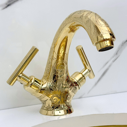 Unlacquered Brass Engraved Single Hole Bathroom Faucet with Lever Handles