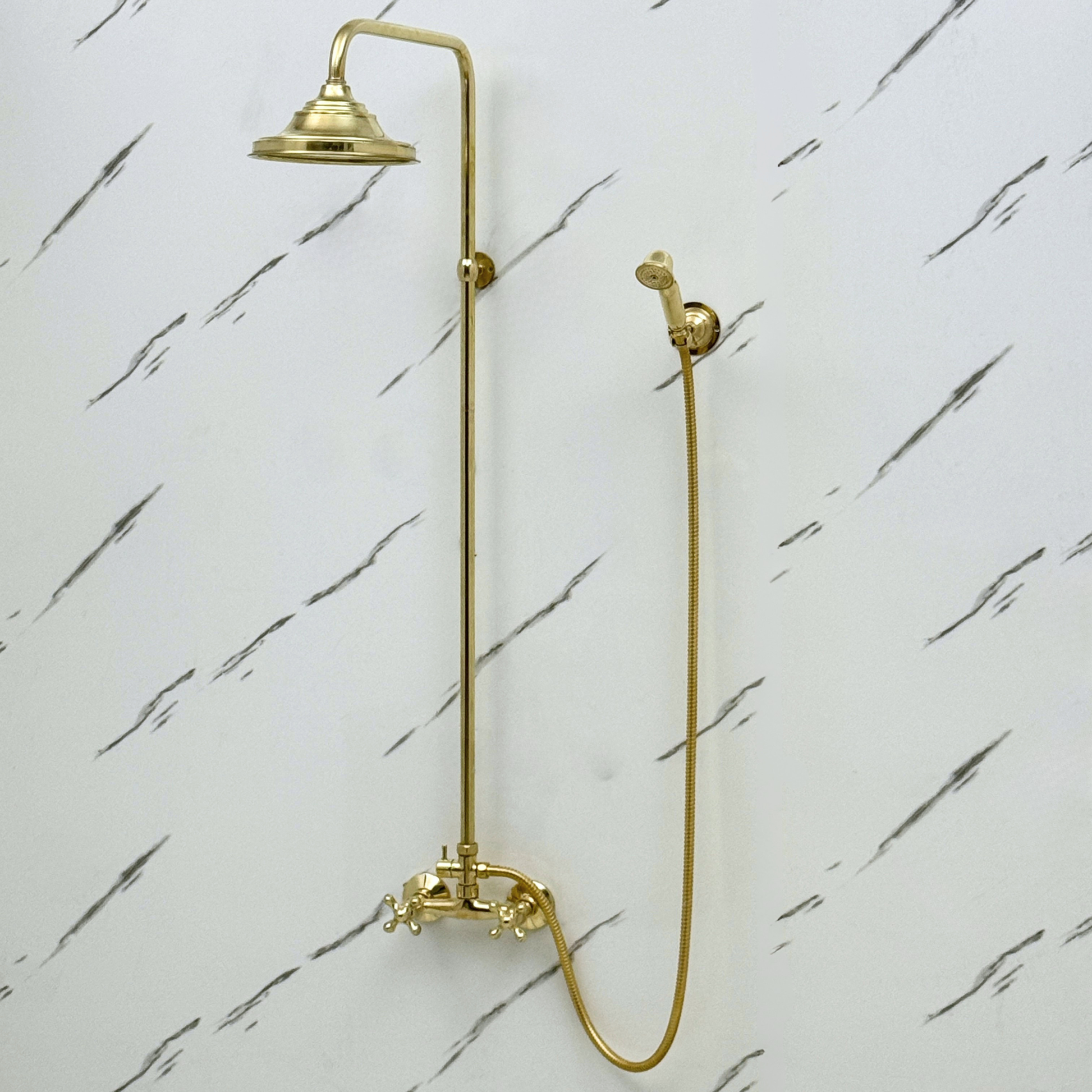Unlacquered Brass Exposed Shower System with Rainfall Head & Handheld