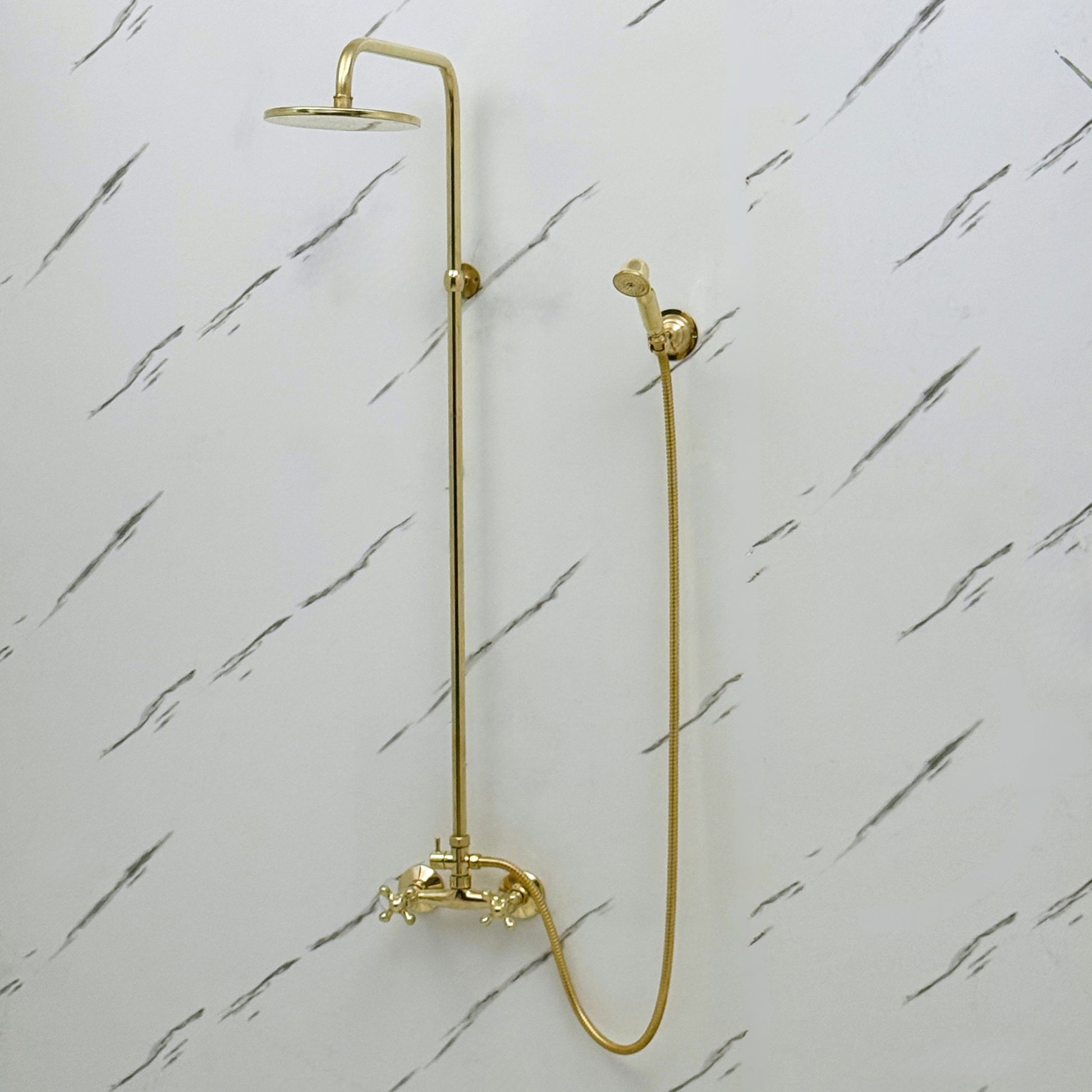 Unlacquered Brass Exposed Shower System with Flat Rainfall Head & Handheld