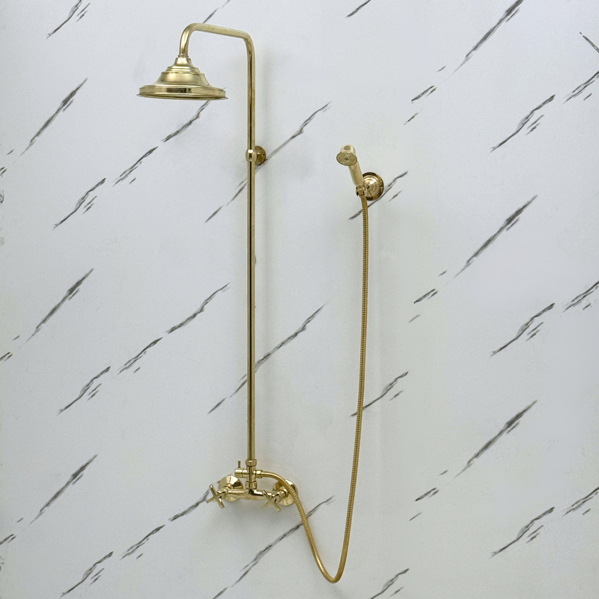 Unlacquered Brass Exposed Shower System with Rainfall Head & Handheld