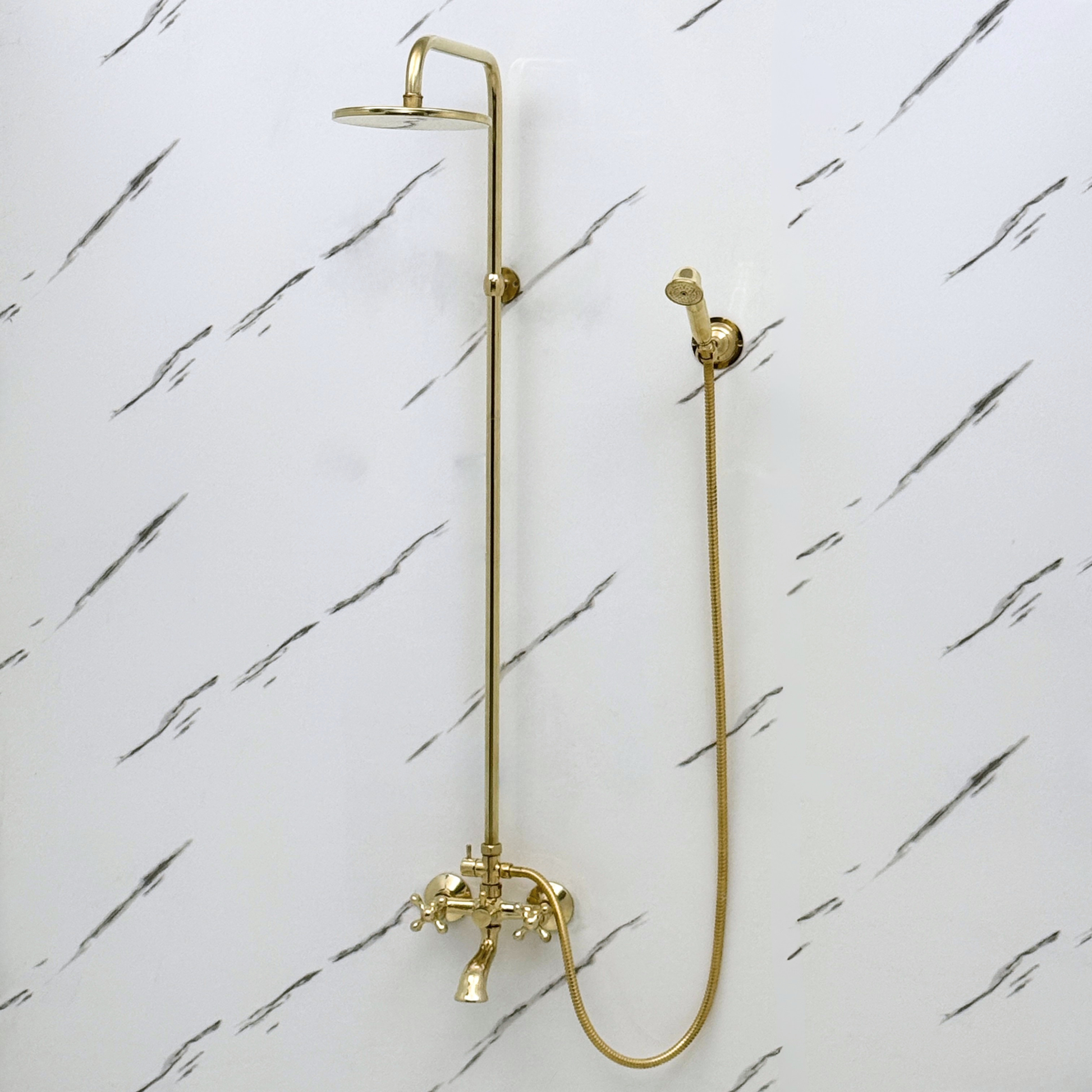 Unlacquered Brass Exposed Shower System with Rainfall Head, Handheld Shower & Tub Filler
